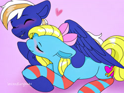 Size: 4000x3000 | Tagged: safe, artist:incendiaryboobs, oc, oc only, oc:cuteamena, oc:electric blue, species:earth pony, species:pegasus, species:pony, g4, blushing, clothing, couple, electricute, facial hair, female, hug, love, male, mare, shipping, socks, stallion, striped socks, winghug