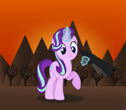 Size: 4832x4220 | Tagged: safe, artist:anime-equestria, character:starlight glimmer, species:pony, species:unicorn, g4, :3, does this look like the face of mercy, doom, female, gun, horn, levitation, magic, mare, mountain, shotgun, smiling, solo, telekinesis, tree, weapon
