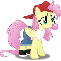 Size: 3437x3451 | Tagged: safe, artist:anime-equestria, gameloft, character:fluttershy, species:pegasus, species:pony, g4, '90s, 90s grunge fluttershy, alternate hairstyle, backwards ballcap, baseball cap, blowing, bubblegum, cap, clothing, cute, ear piercing, female, food, gum, hat, mare, piercing, shirt, shoes, shorts, shy, shyabetes, simple background, sneakers, solo, tank top, transparent background, wings