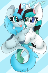 Size: 1974x2986 | Tagged: safe, artist:miss-jessiie, oc, oc:frost flare, oc:vixenin, species:kirin, g4, blep, cloven hooves, cuddling, cute, heart, hoof fluff, horn, kirin oc, looking at each other, multiple horns, one eye closed, simple background, tongue out