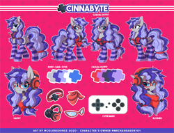 Size: 8426x6438 | Tagged: safe, artist:ask-colorsound, oc, oc only, oc:cinnabyte, species:earth pony, species:pony, g4, accessories, adorkable, bandana, blushing, butt, clothing, cute, dork, gaming headset, glasses, headphones, headset, ref, reference sheet, smiling, socks, striped socks