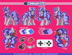 Size: 8426x6438 | Tagged: safe, alternate version, artist:ask-colorsound, oc, oc only, oc:cinnabyte, species:earth pony, species:pony, g4, accessories, adorkable, bandana, blushing, butt, cute, dork, gaming headset, glasses, headphones, headset, ref, reference sheet, smiling