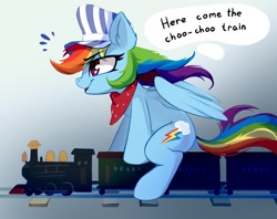 Size: 2400x1904 | Tagged: safe, artist:taneysha, character:rainbow dash, species:pegasus, species:pony, g4, bandana, clothing, conductor, conductor hat, cute, dashabetes, ear fluff, female, hat, mare, profile, riding, sitting, solo, toy train, train