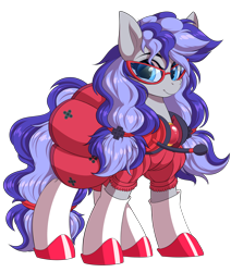 Size: 5290x6251 | Tagged: safe, alternate version, artist:ask-colorsound, oc, oc only, oc:cinnabyte, species:earth pony, species:pony, g4, adorkable, clothing, cute, dork, dress, female, gaming headset, glasses, headphones, headset, mare, simple background, smiling, socks, solo, transparent background
