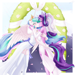Size: 2560x2560 | Tagged: safe, alternate version, artist:slackerburst, character:princess celestia, character:starlight glimmer, species:alicorn, species:anthro, species:pony, species:unicorn, ship:starlestia, g4, breasts, bride, busty princess celestia, busty starlight glimmer, crack shipping, female, jewelry, kissing, lesbian, ring, shipping, tail, tail pull, wedding ring