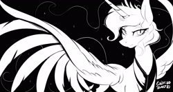 Size: 4096x2200 | Tagged: safe, artist:ask-colorsound, character:princess luna, species:alicorn, species:pony, g4, black and white, female, grayscale, high res, mare, monochrome, solo, spread wings, wings