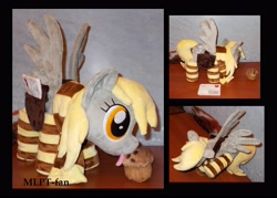 Size: 3760x2688 | Tagged: safe, artist:calusariac, character:derpy hooves, species:pony, g4, clothing, food, high res, irl, mailbag, muffin, photo, plushie, socks, solo, striped socks, tongue out