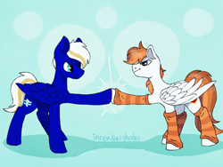 Size: 2048x1536 | Tagged: safe, artist:incendiaryboobs, oc, oc only, oc:electric blue, oc:milkyway mihay, species:pegasus, species:pony, g4, boop, friendship, hoofbump, leg warmers, looking at each other, male, traditional art
