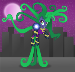 Size: 8439x8078 | Tagged: safe, artist:anime-equestria, character:mane-iac, species:earth pony, species:pony, g4, boots, city, clothing, costume, electro orb, female, happy, hoof hold, mare, moon, shoes, skyline, smiling, solo, stars, tentacles