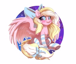 Size: 4096x3448 | Tagged: safe, artist:ask-colorsound, oc, oc only, oc:bay breeze, species:pegasus, species:pony, g4, blushing, bow, clothing, cute, female, hair bow, looking at you, mare, ocbetes, simple background, socks, solo, spread wings, starry eyes, striped socks, tail bow, underhoof, white background, wingding eyes, wings