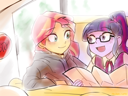 Size: 1024x768 | Tagged: safe, artist:haden-2375, character:sunset shimmer, character:twilight sparkle, character:twilight sparkle (scitwi), species:eqg human, g4, my little pony:equestria girls, clothing, duo, female, glasses, hoodie, map, sweater