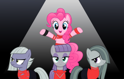 Size: 7125x4535 | Tagged: safe, artist:anime-equestria, character:limestone pie, character:marble pie, character:maud pie, character:pinkie pie, species:earth pony, species:pony, g4, angry, clothing, cosplay, costume, eyeshadow, happy, hoofband, light, looking at you, makeup, pie sisters, quartet, queen (band), ripped, siblings, sisters, smiling