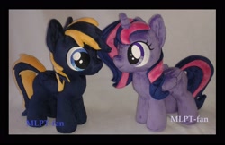 Size: 2580x1676 | Tagged: safe, artist:calusariac, oc, oc:night, oc:violet, species:alicorn, species:pegasus, species:pony, g4, colt, female, filly, irl, male, photo, plushie