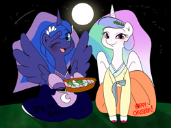 Size: 1024x768 | Tagged: safe, artist:haden-2375, character:princess celestia, character:princess luna, species:alicorn, species:pony, g4, bowl, chuseok, clothing, costume, duo, female, food, full moon, halloween, halloween costume, hanbok, holiday, hoof hold, looking at you, mare, moon, night, one eye closed, open mouth, royal sisters, shooting star, sisters, sky, smiling, songpyeon, stars, wink