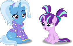 Size: 6151x3891 | Tagged: safe, artist:anime-equestria, character:starlight glimmer, character:trixie, species:pony, species:unicorn, g4, alternate hairstyle, babysitter trixie, clothing, cute, duo, female, filly, glimmerbetes, hairband, hoodie, mare, pigtails, simple background, smiling, transparent background, vector