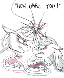 Size: 800x975 | Tagged: safe, artist:haden-2375, character:princess celestia, character:princess luna, species:alicorn, species:pony, g4, angry, bite mark, cake, duo, faceoff, female, food, grayscale, horn, horns are touching, looking at each other, magic, mare, monochrome, s1 luna, sketch, telekinesis