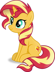 Size: 2691x3521 | Tagged: safe, artist:anime-equestria, derpibooru original, edit, character:sunset shimmer, species:pony, species:unicorn, g4, :3, blushing, cute, female, horn, mare, shimmerbetes, simple background, sitting, smiling, solo, transparent background, vector