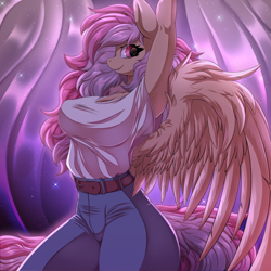 Size: 5000x5000 | Tagged: safe, alternate version, artist:ask-colorsound, oc, oc only, oc:cotton seams, species:anthro, species:pegasus, species:pony, g4, arms in the air, belt, breasts, clothing, commission, detailed background, female, jeans, looking at you, mare, pants, pegasus oc, shirt, solo, t-shirt, wings, ych result