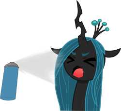 Size: 3119x2874 | Tagged: safe, artist:anime-equestria, derpibooru original, edit, character:queen chrysalis, species:changeling, g4, anime, bug spray, bugs doing bug things, changeling queen, cute, eyes closed, female, horn, scene interpretation, simple background, spray, spray can, transparent background, vector, zombieland saga