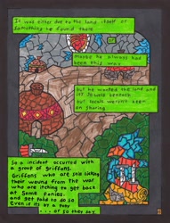 Size: 2503x3269 | Tagged: safe, artist:oatmeal155, species:griffon, comic:oat.meal, g4, backstory, blades, comic, dialogue, exposition, knife, semi-grimdark series, stained glass, traditional art, village
