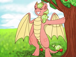 Size: 2048x1536 | Tagged: safe, artist:incendiaryboobs, character:applejack, character:spike, species:dragon, species:earth pony, species:pony, g4, apple, apple tree, bipedal, bipedal leaning, clothing, cowboy hat, dragoness, female, food, fusion, hat, hybrid, leaning, mare, outdoors, signature, solo, stetson, tree