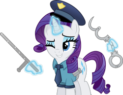 Size: 4566x3532 | Tagged: safe, artist:anime-equestria, character:rarity, species:pony, species:unicorn, g4, clothing, cuffs, eyeshadow, fashion police, female, happy, hat, horn, levitation, magic, makeup, mare, necktie, nightstick, one eye closed, police, police officer, police uniform, pouch, raricop, simple background, smiling, solo, sparkles, telekinesis, transparent background, vector, wink