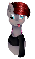 Size: 1492x2492 | Tagged: safe, artist:chazmazda, oc, oc only, species:pony, g4, bust, clothing, commission, derp, emote, eye shine, highlight, highlights, photo, portrait, scarf, shading, shine, simple background, solo, tongue out, transparent background