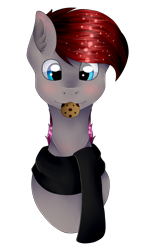 Size: 1492x2492 | Tagged: safe, artist:chazmazda, oc, species:pony, g4, bust, clothing, commission, commissions open, cookie, emote, eye shine, food, highlight, nom, photo, portrait, scarf, shade, shine, simple background, solo, transparent background