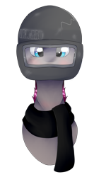 Size: 1492x2492 | Tagged: safe, artist:chazmazda, oc, species:pony, g4, blushing, bust, clothing, commission, commissions open, helmet, photo, portrait, scarf, shade, shine, short hair, simple background, solo, streamer, transparent, transparent background