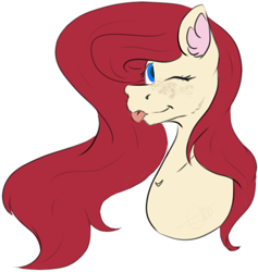 Size: 453x478 | Tagged: safe, artist:chazmazda, oc, species:pony, g4, blue eyes, bust, commission, commissions open, fluffy, freckles, friend, long hair, one eye closed, photo, portrait, present, red hair, simple background, sketch, solo, tongue out, white background, wink