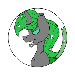 Size: 512x512 | Tagged: safe, artist:chazmazda, oc, oc only, species:changeling, species:pony, g4, body, broken horn, bust, bust shot, colored, commission, commissions open, fangs, flat colors, fluffy, green changeling, green eyes, green hair, holes, horn, insect, insect wings, photo, portrait, simple background, solo, transparent background, wings