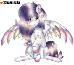 Size: 3740x3257 | Tagged: safe, artist:chazmazda, oc, species:pony, g4, bandaid, clothing, commission, commissions open, cute, eye shine, feather, fullbody, highlight, hooves, markings, photo, rainbow, shade, shine, simple background, socks, solo, stars, tongue out, transparent background