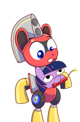 Size: 1280x1947 | Tagged: safe, artist:trackheadtherobopony, character:twilight sparkle, oc, oc:trackhead, species:pony, g4, explosives, i can't believe it's not jargon scott, robot, robot pony, simple background, this will end in explosions, tnt, transparent background, twiggie