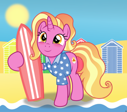 Size: 4002x3500 | Tagged: safe, artist:anime-equestria, character:luster dawn, species:pony, species:unicorn, g4, beach, beach house, blushing, clothing, cute, female, happy, hawaiian shirt, holding, horn, mare, sand, sand dune, shack, shirt, smiling, solo, sun, surfboard, water