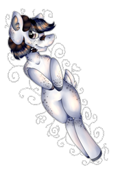 Size: 2452x3572 | Tagged: safe, artist:chazmazda, oc, oc only, species:pony, g4, art trade, black and white, dots, eye shine, freckles, fullbody, glow, grayscale, happy, highlight, highlights, hooves, horns, markings, monochrome, photo, plaster, shade, shading, shine, simple background, smiling, solo, tail, transparent background, white