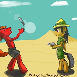 Size: 900x900 | Tagged: safe, artist:draneas, character:daring do, species:anthro, species:unguligrade anthro, 30 minute art challenge, clothing, dead, death, gun, indiana jones, knife, parody, partial nudity, topless, x eyes