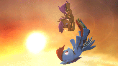Size: 400x225 | Tagged: safe, artist:argodaemon, character:rainbow dash, character:scootaloo, species:pegasus, species:pony, 3d, animated, duo, falling, female, filly, source filmmaker, sun