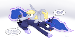 Size: 4800x2700 | Tagged: safe, artist:slackerburst, character:derpy hooves, character:princess luna, species:pegasus, species:pony, female, floppy ears, looking back, mare, open mouth, poking, prone, smiling, spread wings, surprised, wide eyes, wings