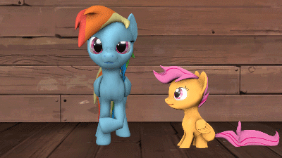 Size: 400x225 | Tagged: safe, artist:argodaemon, character:rainbow dash, character:scootaloo, species:pegasus, species:pony, 3d, animated, cute, cutealoo, dashabetes, eyes closed, female, mare, nuzzling, remake, scootalove, source filmmaker
