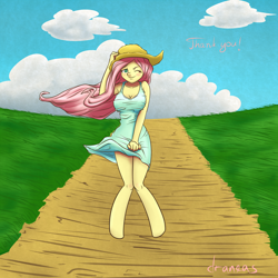 Size: 2000x2000 | Tagged: safe, artist:draneas, character:fluttershy, species:anthro, cleavage, clothing, cloud, cloudy, dress, female, hat, straw hat, wind