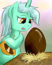 Size: 600x750 | Tagged: safe, artist:ruby, character:lyra heartstrings, species:pony, species:unicorn, bipedal, bowl, easter, easter egg, egg, female, licking, licking lips, solo, spoon, stirring, tongue out