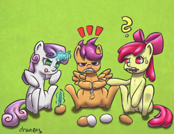 Size: 1400x1078 | Tagged: safe, artist:draneas, character:apple bloom, character:scootaloo, character:sweetie belle, species:pegasus, species:pony, cutie mark crusaders, easter, easter egg