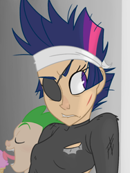 Size: 768x1024 | Tagged: safe, artist:thelivingmachine02, character:spike, character:twilight sparkle, episode:it's about time, g4, my little pony: friendship is magic, catsuit, duo, eyepatch, eyes closed, future twilight, humanized, open mouth, scar, scene interpretation