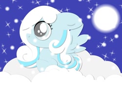 Size: 944x704 | Tagged: safe, artist:nekosnicker, oc, oc only, oc:snowdrop, species:pegasus, species:pony, blank flank, cloud, female, filly, foal, hooves, moon, night, night sky, on a cloud, sky, solo, spread wings, stars, wings