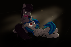 Size: 3074x2048 | Tagged: safe, artist:slackerburst, character:dj pon-3, character:octavia melody, character:vinyl scratch, ship:scratchtavia, comforting, dark, female, lesbian, red eyes, shipping