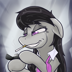 Size: 2048x2048 | Tagged: safe, artist:slackerburst, character:octavia melody, species:earth pony, species:pony, cigarette, crying, female, lighter, mare, rain, sad, smiling, smoking, solo