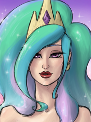 Size: 768x1024 | Tagged: safe, artist:thelivingmachine02, character:princess celestia, bare shoulder portrait, female, humanized, looking at you, portrait, solo