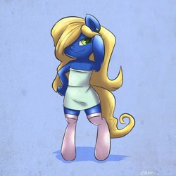 Size: 1000x1000 | Tagged: safe, artist:draneas, species:pony, bipedal, clothing, dress, hair over one eye, looking at you, ponified, smiling, smurfette, smurfs, socks