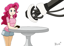 Size: 1540x1100 | Tagged: safe, artist:kprovido, character:pinkie pie, cake, crossover, glados, humanized, portal (valve)