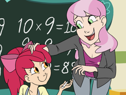 Size: 1024x768 | Tagged: safe, artist:thelivingmachine02, character:apple bloom, character:cheerilee, species:human, chalkboard, female, gimp, humanized, math, teacher and student, you're doing it wrong